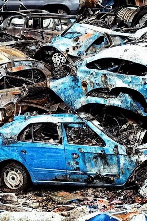 Image similar to “Skoda RS Blue disintegrated in junkyard in rain. Dark, realistic photo. ”