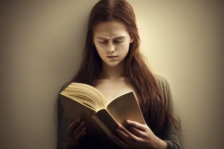 Image similar to an ultra realistic, cinematic, headshot portrait, of a girl reading a book, hair flowing down, facial features, detailed, deep focus, movie still, dramatic lighting, ray tracing, by michal karcz and yoshitaka amano