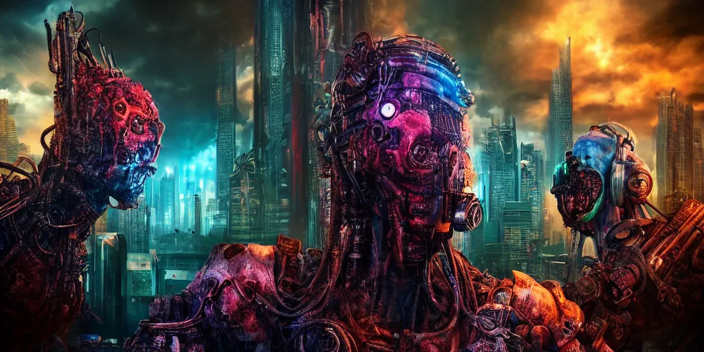 Image similar to a cyberpunk chtulhu creature arguing with another, closeup, fallout 5, studio lighting, deep colors, apocalyptic setting, vertically mirrored city in background