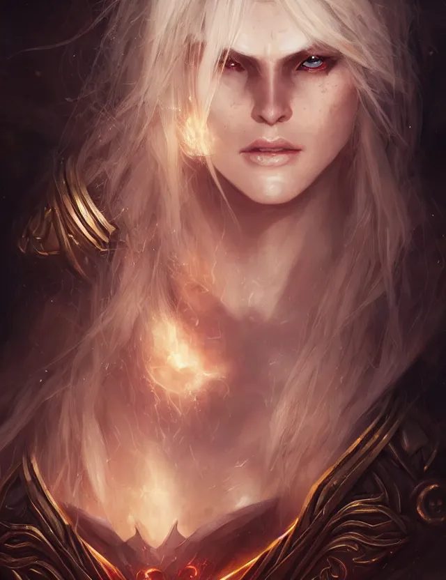 Image similar to close face portrait of a beautiful young blonde sorceress as diablo 3 concept art, art by ryo shiotani and greg rutkowski, intricate, beautiful, cute, cinematic lighting, vintage art by serge ivanoff, high resolution, very detailed