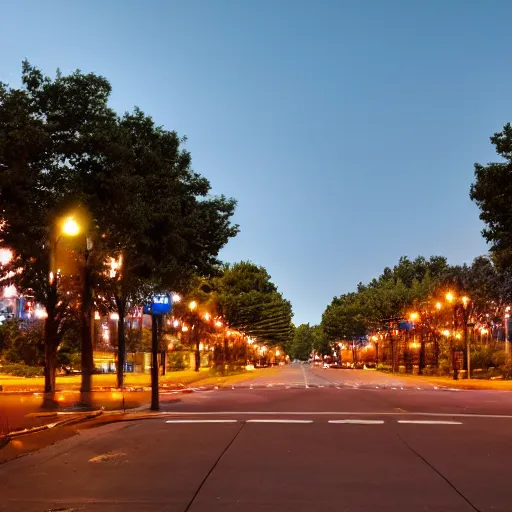 Image similar to boulevard, median with trees, uptown neighborhood, liminal space, traffic lights, blue hour