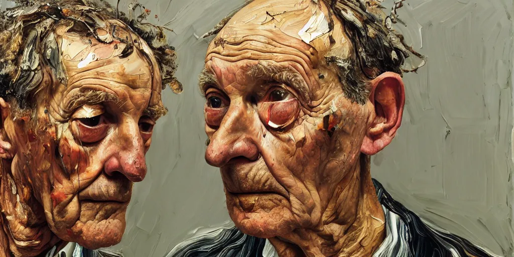 Image similar to a head and shoulders portrait a very ordinary old man with an sad expression, side angle, by Lucian Freud and Jenny Saville and Anselm Kiefer, oil painting, rust, Scaffolding, sunflowers, anatomically correct, beautiful perfect face, visible brushstrokes, sharp focus, Highly Detailed, Cinematic Lighting, 8k, HD