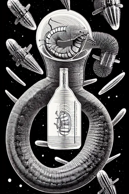 Prompt: caterpillar inside of science flask, high details, bold line art, by vincent di fate and joe fenton, inking, etching, screen print, masterpiece, trending on artstation, sharp, high contrast, hyper - detailed, hd, 4 k, 8 k