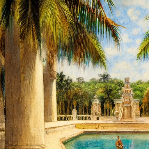 Image similar to a ultradetailed beautiful painting of a old fountain in the amazonas palace balustrade designed by jules bastien - lepage, tarsila do amaral, frank weston and gustave baumann, beach, trending on artstation, mediterranean, palm trees, sharp focus, soft light, 8 k 4 k