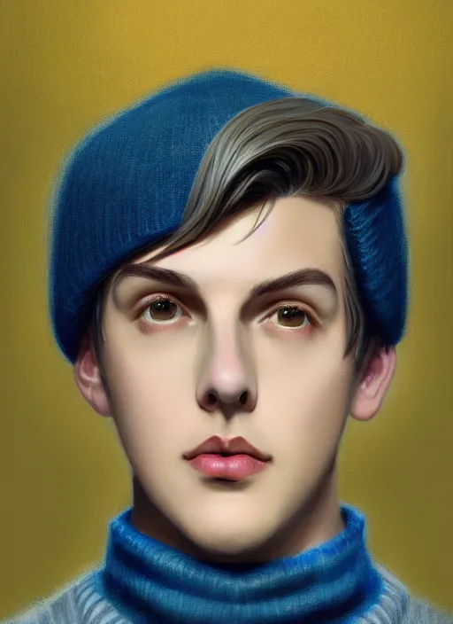 Image similar to portrait of teenage jughead jones, wearing a light grey crown, light grey crown, blue turtleneck sweater 1 9 5 0 s, intricate, elegant, glowing lights, highly detailed, digital painting, artstation, concept art, smooth, sharp focus, illustration, art by wlop, mars ravelo and greg rutkowski