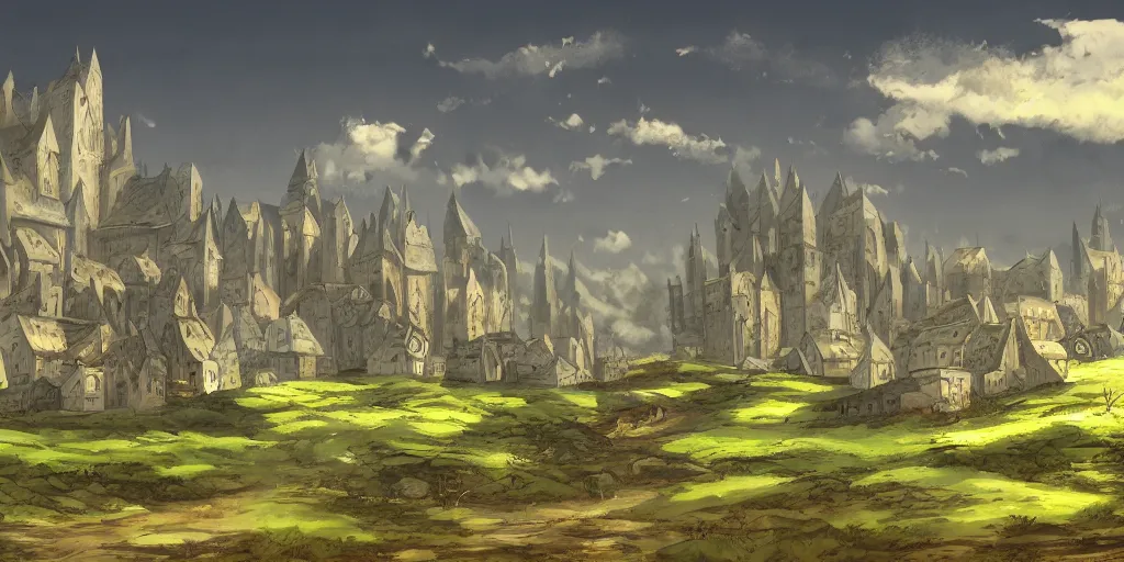 Image similar to landscape, no people, medieval, village, claymore anime background, concept art, illustration, smooth, sharp focus, intricate, trending on artstation, trending on deviantart, 4 k