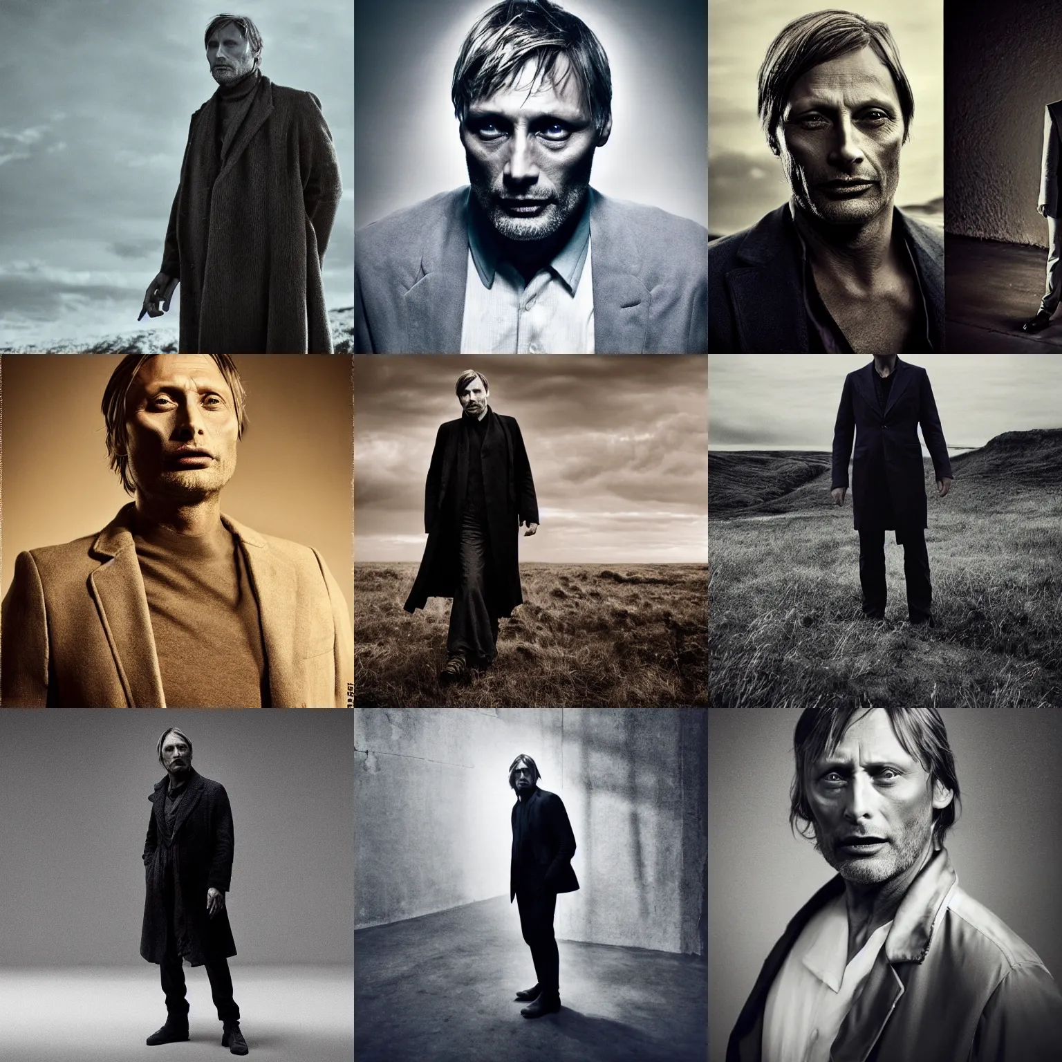 Prompt: the long portrait photo of mads mikkelsen using top light fresnel, still from the photo shoot by andrzej dragan with art direction by beksinski