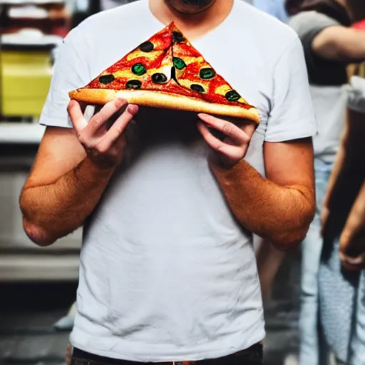 Prompt: a man wearing a pizza as hat