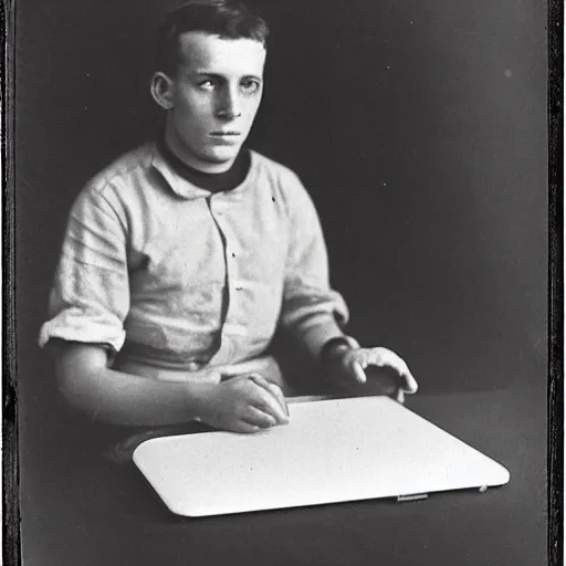 Image similar to Young man in 1910 working on a laptop, daguerreotype photo, HD