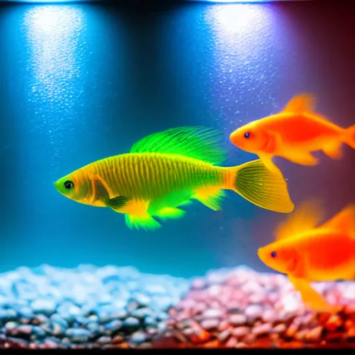 Prompt: bioluminescent goldfish in an aquarium, glowing in the unlit photography