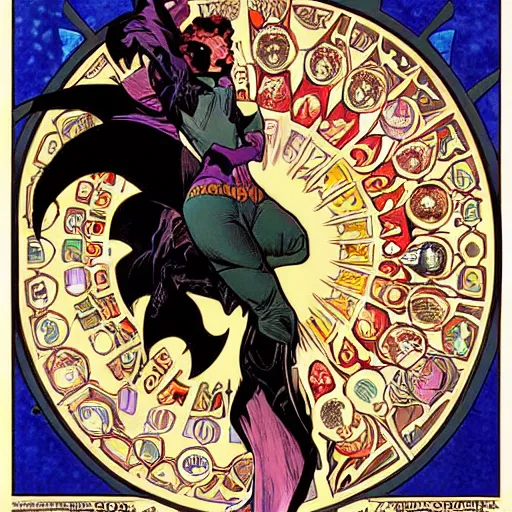 Prompt: A cover of Batman comics, by Alphonse mucha, digital art, high details, vibrant colors