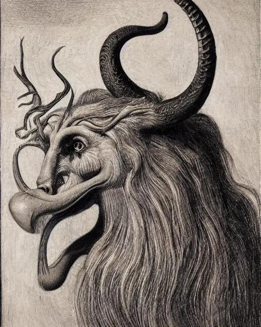 Image similar to a creature with the body and eyes of a man, with the beak of an eagle, the mane of a lion, and the horns of an ox by jean delville