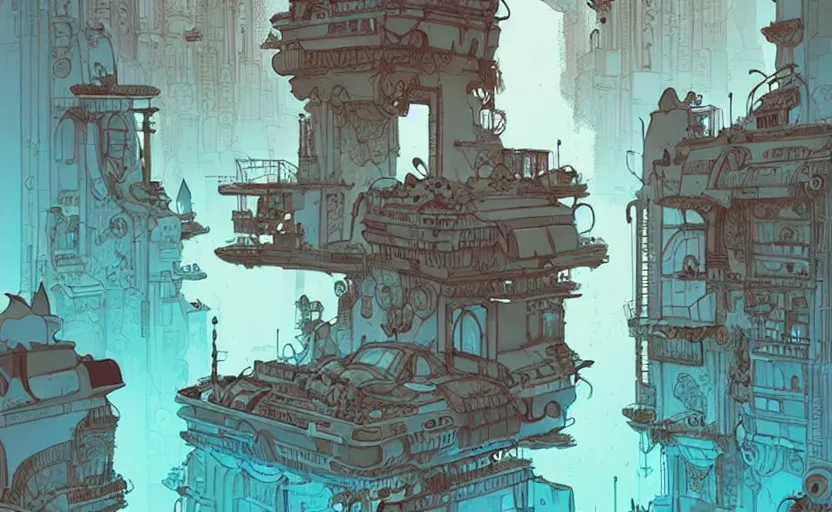 Prompt: lost city by greg tocchini, by james gilleard, by joe fenton, by kaethe butcher, dynamic lighting, gradient light blue, brown, blonde cream and white color scheme, grunge aesthetic