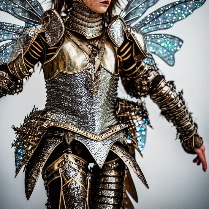 Image similar to full body photo of a fairy warrior wearing sparkly armour, highly detailed, 4 k, hdr, smooth, sharp focus, high resolution, award - winning photo