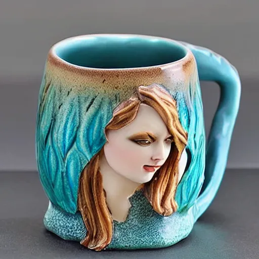 Image similar to an amazing ceramic realistic mermaid sculpture mug, creative, beautiful, award winning design, functional, colorful