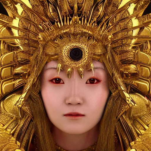 Prompt: hyper realistic portrait photo of ameterasu the sun goddess of japan, portrait shot, intricate detail, octane render