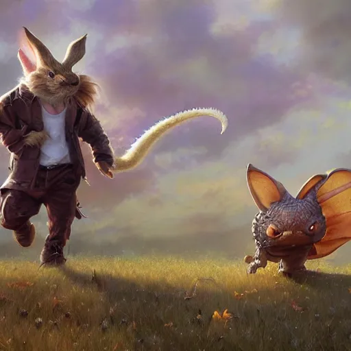 Image similar to cute dragon and a rabbit roaming the windswept field dave dorman edson campos christopher young jeff simpson allison carl hiro izawa paul chadeisson pastel painting