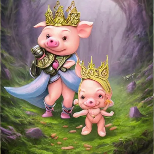 Image similar to cute little cartoonish anthropomorphic piglet warrior princess wearing a cape and a crown, fantasy forest, caricature, tiny, small, miniature pig, baby animal, short, pale blue armor, cute and adorable, pretty, beautiful, DnD character art portrait, matte fantasy painting, DeviantArt Artstation, by Jason Felix by Steve Argyle by Tyler Jacobson by Peter Mohrbacher, cinematic lighting