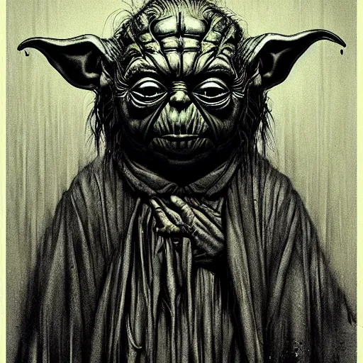 Image similar to horror evil yoda black blood dripping scary eyes creepy background schizo, by john kenn mortensen, zdizslaw beksinski, jeremy mann, h. r. giger