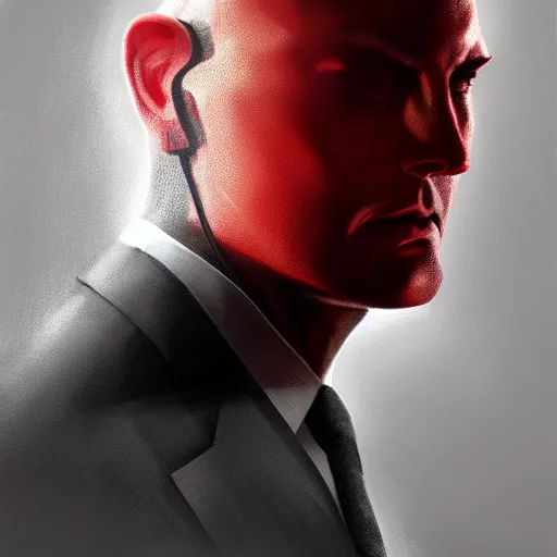 Image similar to a symmetrical portrait of agent 4 7 from hitman wearing headphones, dark background, red rim light, highly detailed, digital art, artstation, concept art, smooth, sharp focus, greg rutkowski, wlop