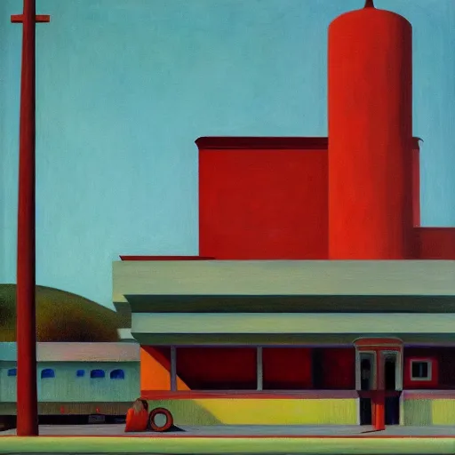 Prompt: googie architecture, grant wood, pj crook, edward hopper, oil on canvas