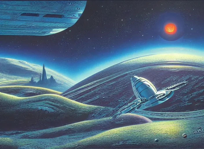 Prompt: a spaceship in a stunning landscape by david a hardy