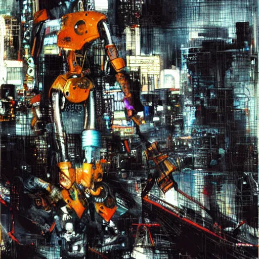 Image similar to a full-metal neon robot sobs when seeing the devastation of cyberpunk Santiago of Chile, oil on canvas by Yoji Shinkawa and Dave McKean