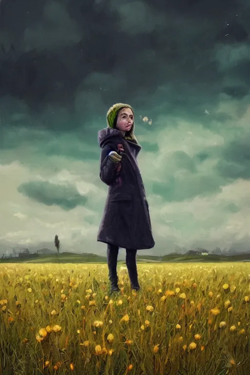 Image similar to portrait, enormous thistle flower head, a girl wearing coat in field, surreal photography, wind and cold, dramatic sky, impressionist painting, digital painting, artstation, simon stalenhag