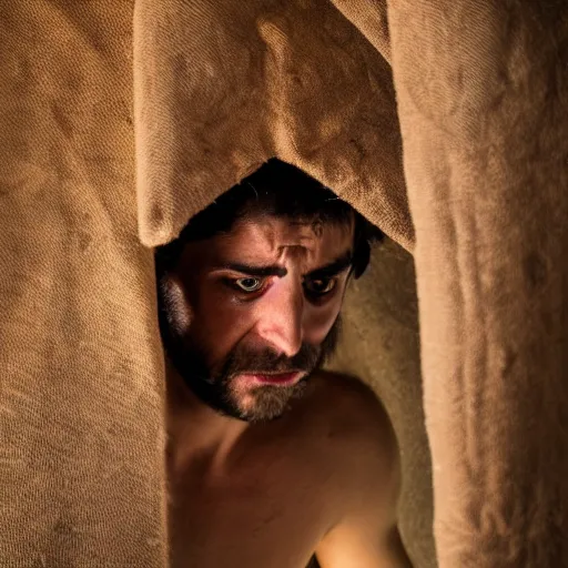 Prompt: Photograph of Angry 25 year old man in ancient Canaanite clothing wakes up in shock. Interior ancient tent. 40mm lens, shallow depth of field, split lighting