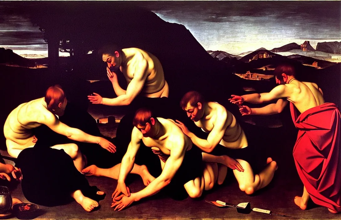 Prompt: excommunication result is a sophisticated interplay between warm, cool, light and dark colors. ( 1 9 6 2 ) directed by cinematography by kubrick reflection of the hills actually impossible jan van der heyden painting by caravaggio