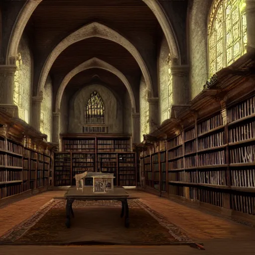 Prompt: library inside an abbey, realistic, highly detailed, hd, unreal engine, by guillermo del toro