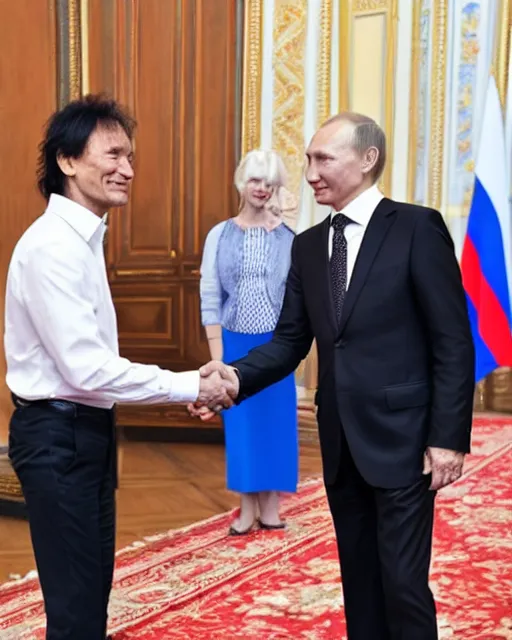 Prompt: sixty years old viktor tsoi with joyful look in a business suit shaking hands with vladimir putin in kremlin, moscow, color photo, mid shot photo, official meeting, digital photo, 4 k