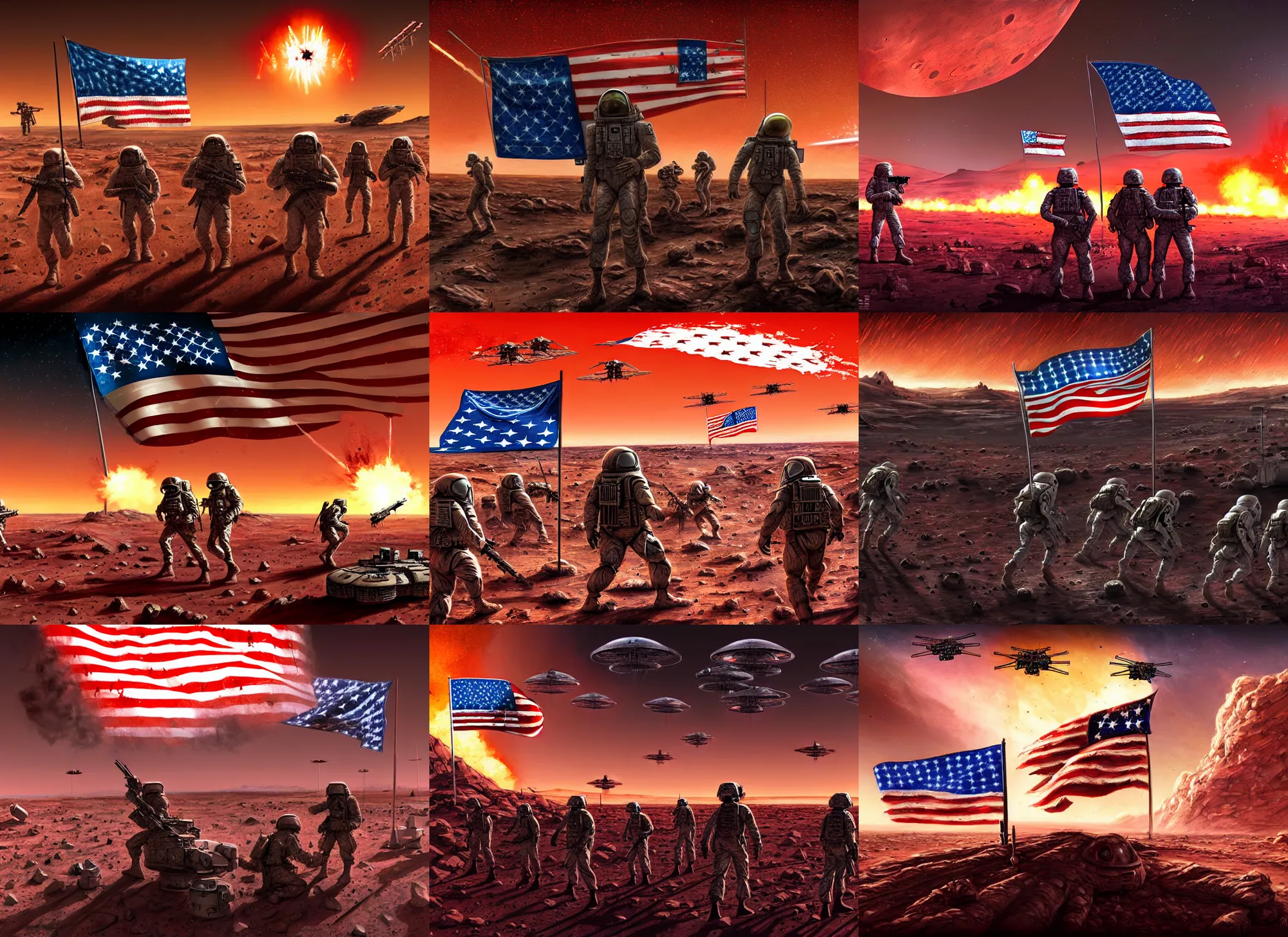 Prompt: american soldiers invaded mars, fighting martians, lot of dead corpses peaceful aliens, raised a bloody american flag, realistic 4 k, mars invasion 2 0 3 3 - 2 0 4 2, explosions, drones, war digital art by greg ritkowski