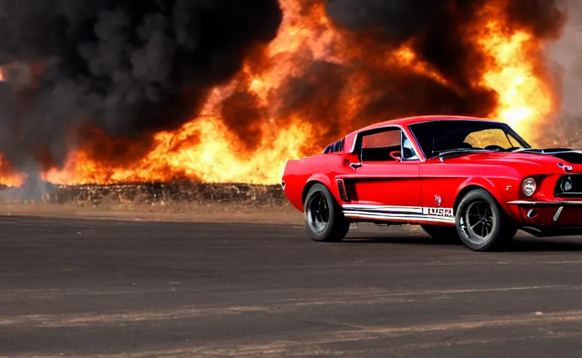 Image similar to a red 1 9 6 8 ford mustang shelby gt 5 0 0 driving high speed, fire explosion in the background, action scen. realistic. high resolution. dramatic