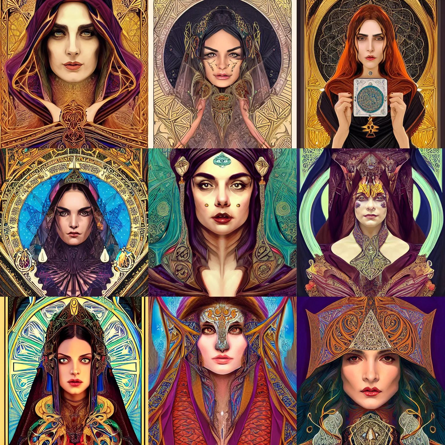 Prompt: head-on symmetrical centered painted portrait, Ghada Abdel Razek as a D&D wizard, ornate robes, art nouveau, tarot card style, fantasy, intricate, elegant, highly detailed, smooth, sharp focus, illustration, artstation, in the style of Artgerm and Anna Podedworna and Alex Ross and Mucha