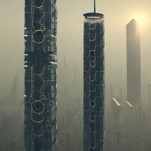 Image similar to a space elevator rising from the center of a misty metropolis, highly detailed, 8k, sharp focus