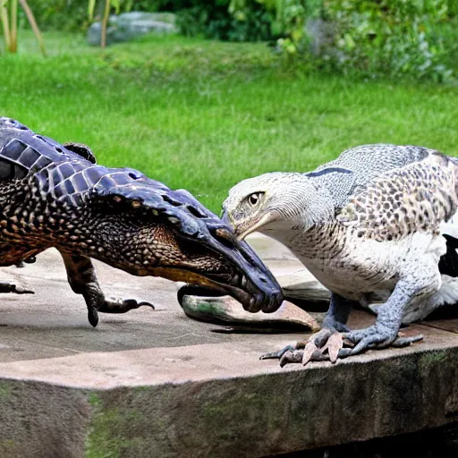 Prompt: hawk and alligator mutant animal,realistic, picture taken in zoo