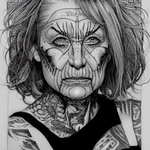 Image similar to a beautiful portrait of a heavily tattooed older woman Travis Charest style