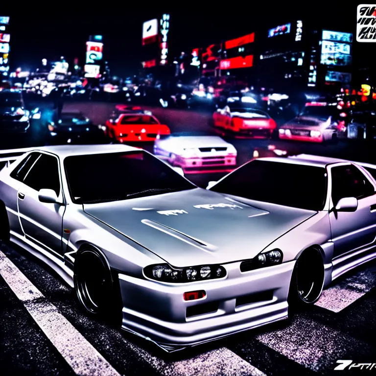 Image similar to a car Nissan R33 GTR twin turbo drift at illegal car meet, Shibuya prefecture, city midnight mist lights, cinematic lighting, photorealistic, highly detailed wheels, high detail