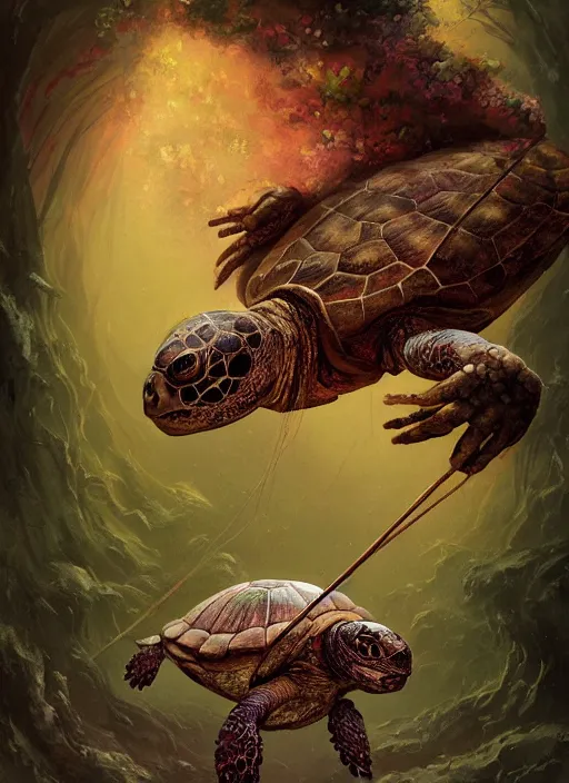 Image similar to the mock turtle, fool tarot card, highly detailed, cinematic, 8 k, by megan duncanson, benjamin lacombe, adrian borda, stanley artgermm, tom bagshaw, craig mullins, carne griffiths, ayami kojima, beksinski, giger, trending on deviantart, hyper detailed, horror, full of colour