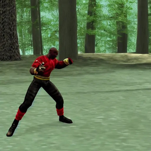 Image similar to attacking screenshot of anderson silva in tekken, ps 1 graphics, low poly, texture warp, pixel aliasing, fighting game in forest, sd video, tekken 1 playstation, health bar hud