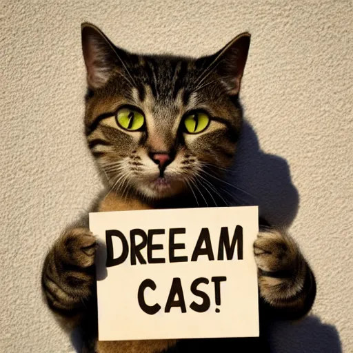 Prompt: realistic high quality photo of a cute cat holding a sign with text that reads : dream, cat, cas, cats cat dreamcats, catss