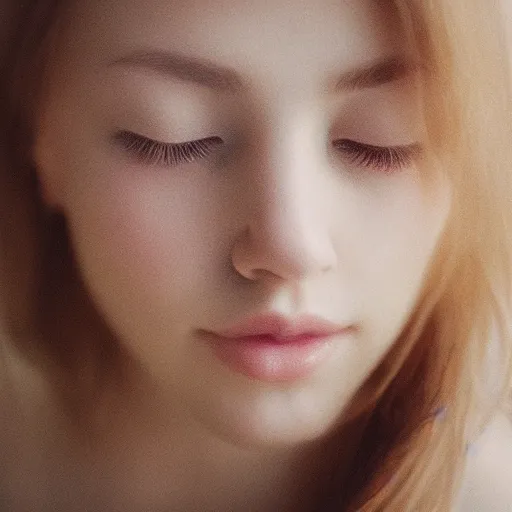 Image similar to photorealistic portrait of a beautiful young woman, very blurry, out of focus, translucent stone white skin, closed eyes, foggy, closeup