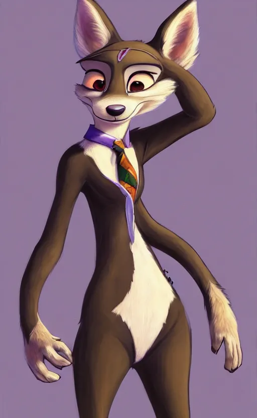 Image similar to oil painting of detailed full body of anthromorphic female wolf, in style of zootopia, zootopia, zootopia, fursona, furry, furaffinity, 4 k, deviantart, furry art, fursona art, wearing black business suit, business suit, in style of zootopia, wolf fursona, cyberpunk, female, expressive detailed feminine face,