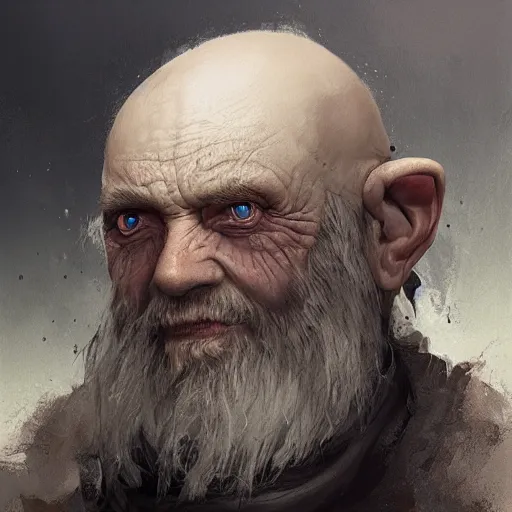 Image similar to a detailed matte head - on portrait painting of an ugly old hobbit man, with a large scar and missing teeth portrait by charlie bowater, lise deharme, wlop, tending on arstation, dungeons and dragon, dnd, pathfinder, fanart, oil on canvas