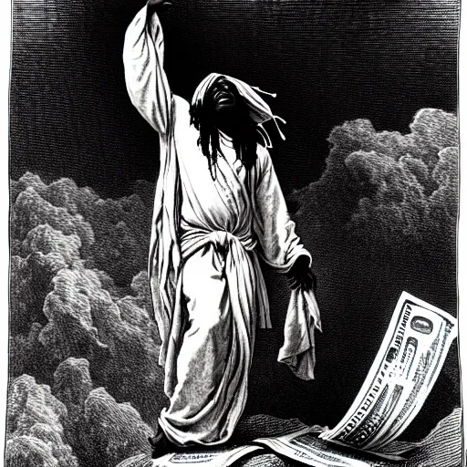 Image similar to black man with dreads ascending into heaven holding stacks of cash, biblical image, style of gustave dore, highly detailed, beautiful, high contrast, black and white