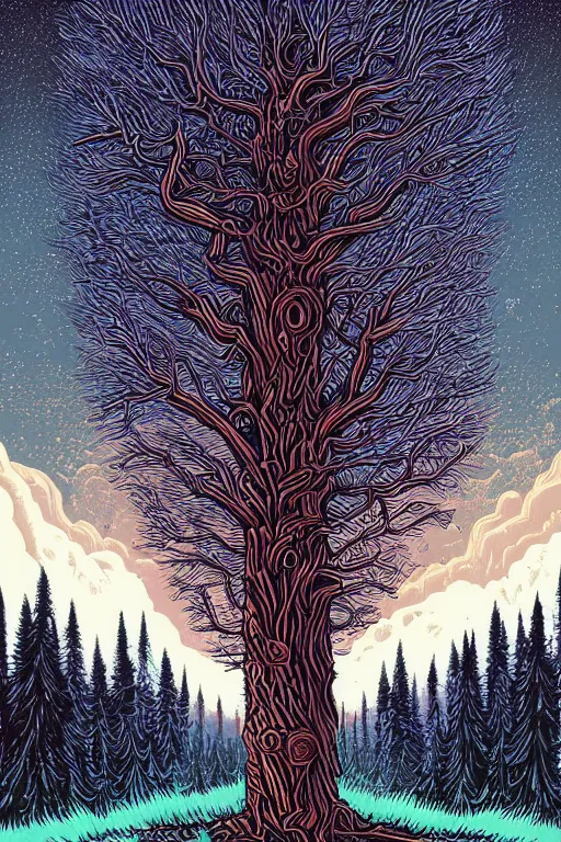 Prompt: A crooked tree in a forest by Dan Mumford