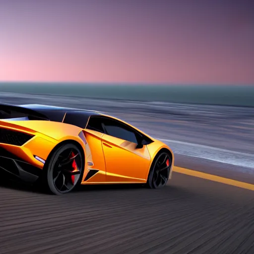 Image similar to luxury sports car driving near sea in the sunset, lamborghini design, automotiv design, unreal engine, dynamic perspective, cinematic light, 4 k