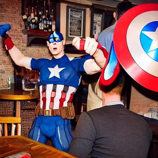 Image similar to captain america fighting the customers in a british pub