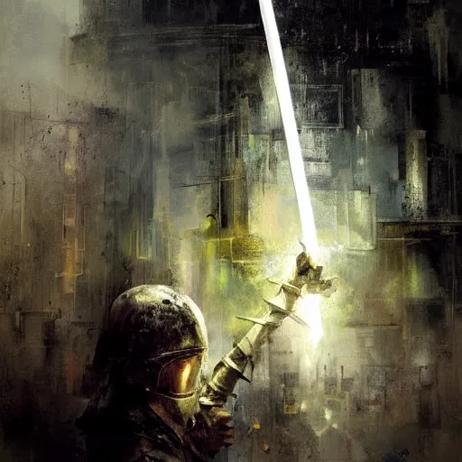 Image similar to knight holds sword made of lightning sparks everywhere, realistic, ultrahd, jeremy mann painting